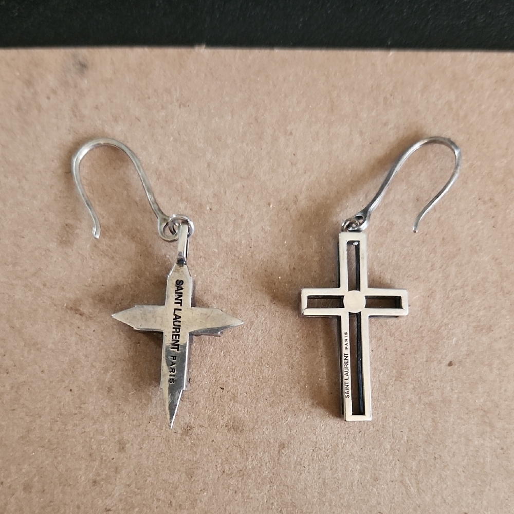 Yves Saint Laurent Asymetrical Oxidized Silver Tone Cross Drop Earrings - Picture 3 of 9